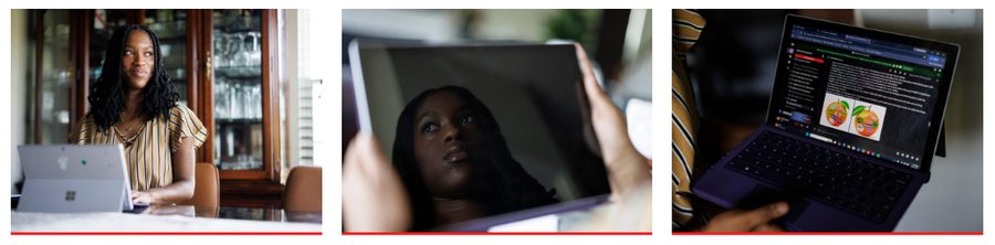 Three photos of Faith Maeba, a Virginia Commonwealth University senior, working on her laptop and tablet.